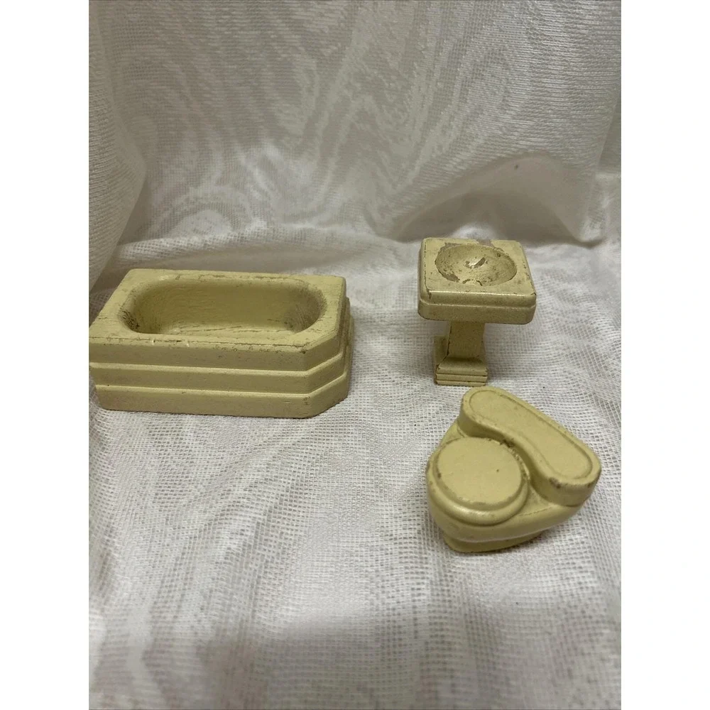 Vintage 1940s Doll House Furniture Yellow Wooden Bathtub, Sink and Toilet 1:16
